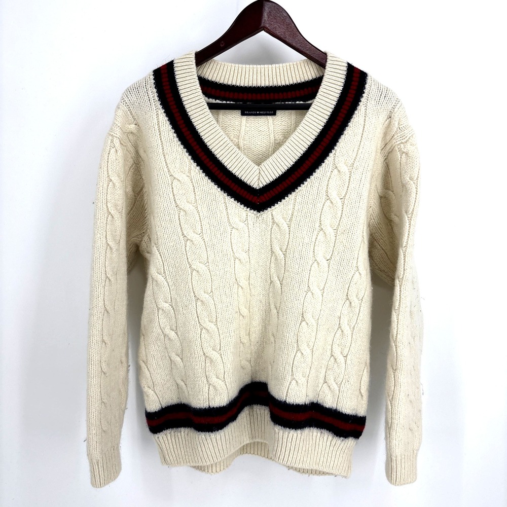 Brandy Melville Nikki Heavy Wool Cable Knit Stripe Oversized‎ Vneck Sweater L/XL